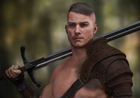 Final rendered warrior character with sword of honor