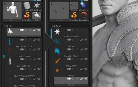 ZBrush SubTool panel separating character armor parts
