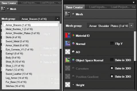 Quixel Base Creator mesh group list and map attachment panel