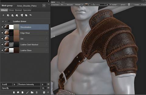 Quixel leather armor material setup preview on pauldron