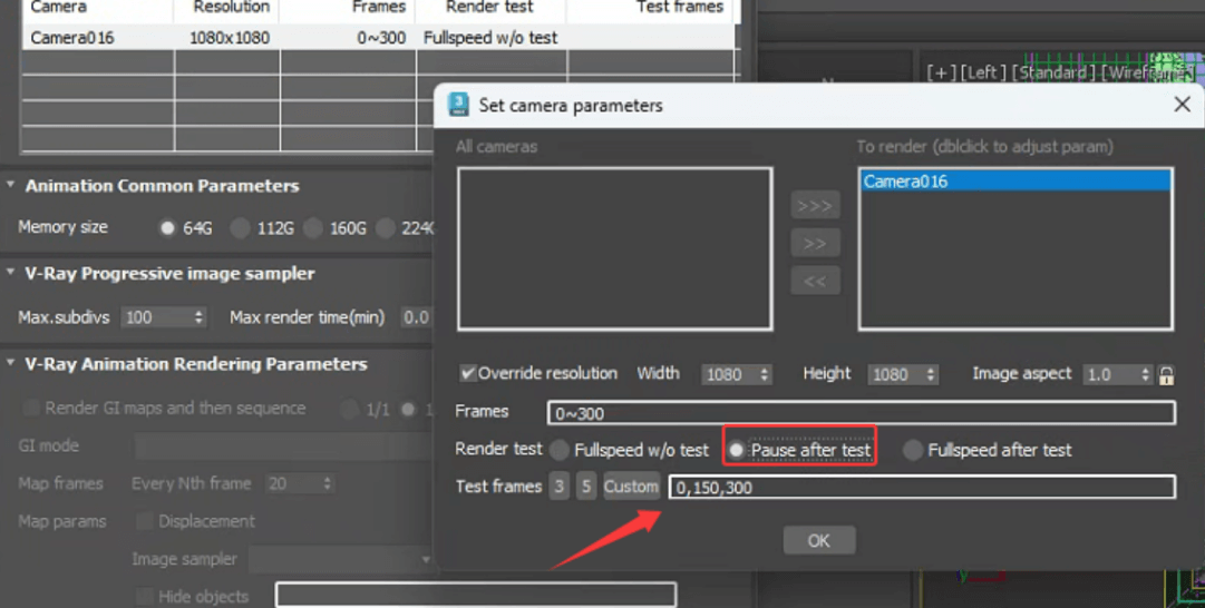 Step 11: Test frame settings in RenderWow