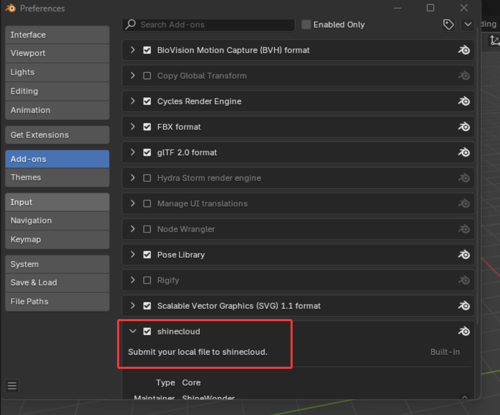 Step 5: Enable ShineCloud plugin in Blender