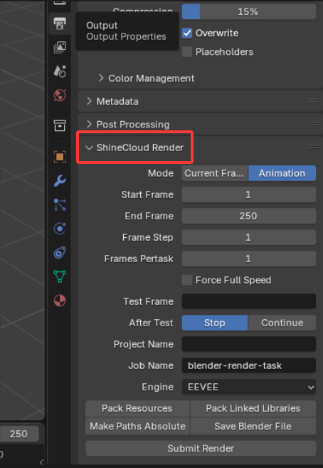 Step 6: ShineCloud Render plugin in Blender output panel