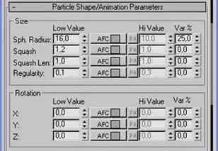Particle shape/animation parameter setting