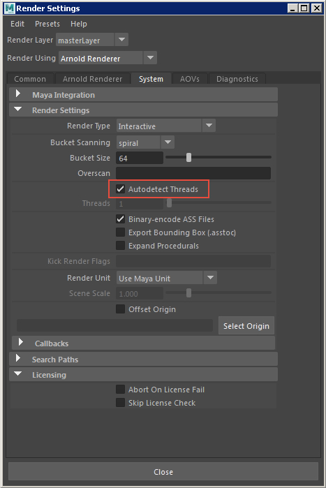 Setting the location of the number of automatic threads in the Arnold renderer