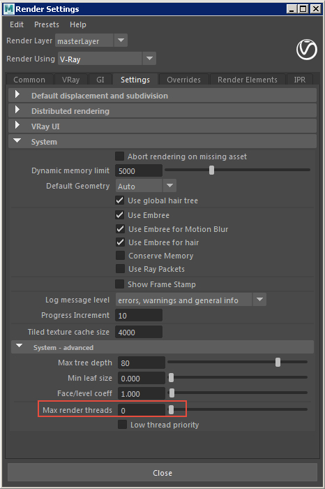 Set the number of automatic threads in V-ray to ‘0’ for rendering with all threads available