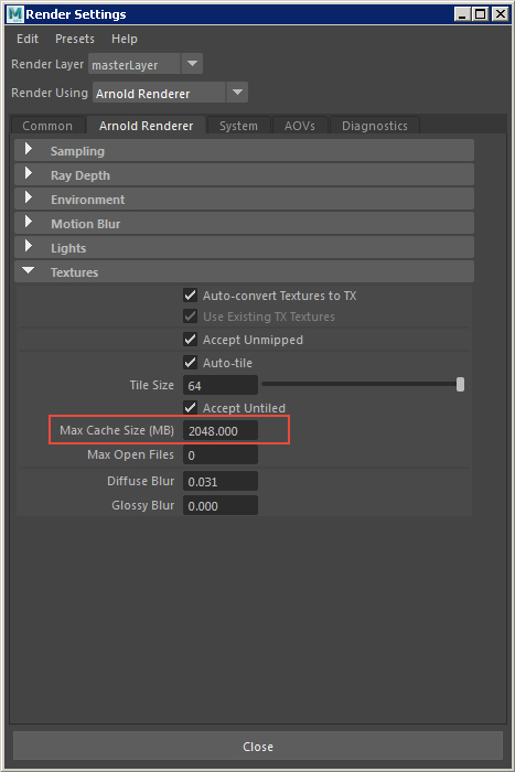 Arnold map cache settings location