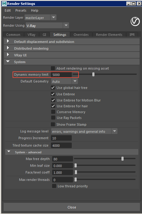 V-Ray dynamic memory settings location